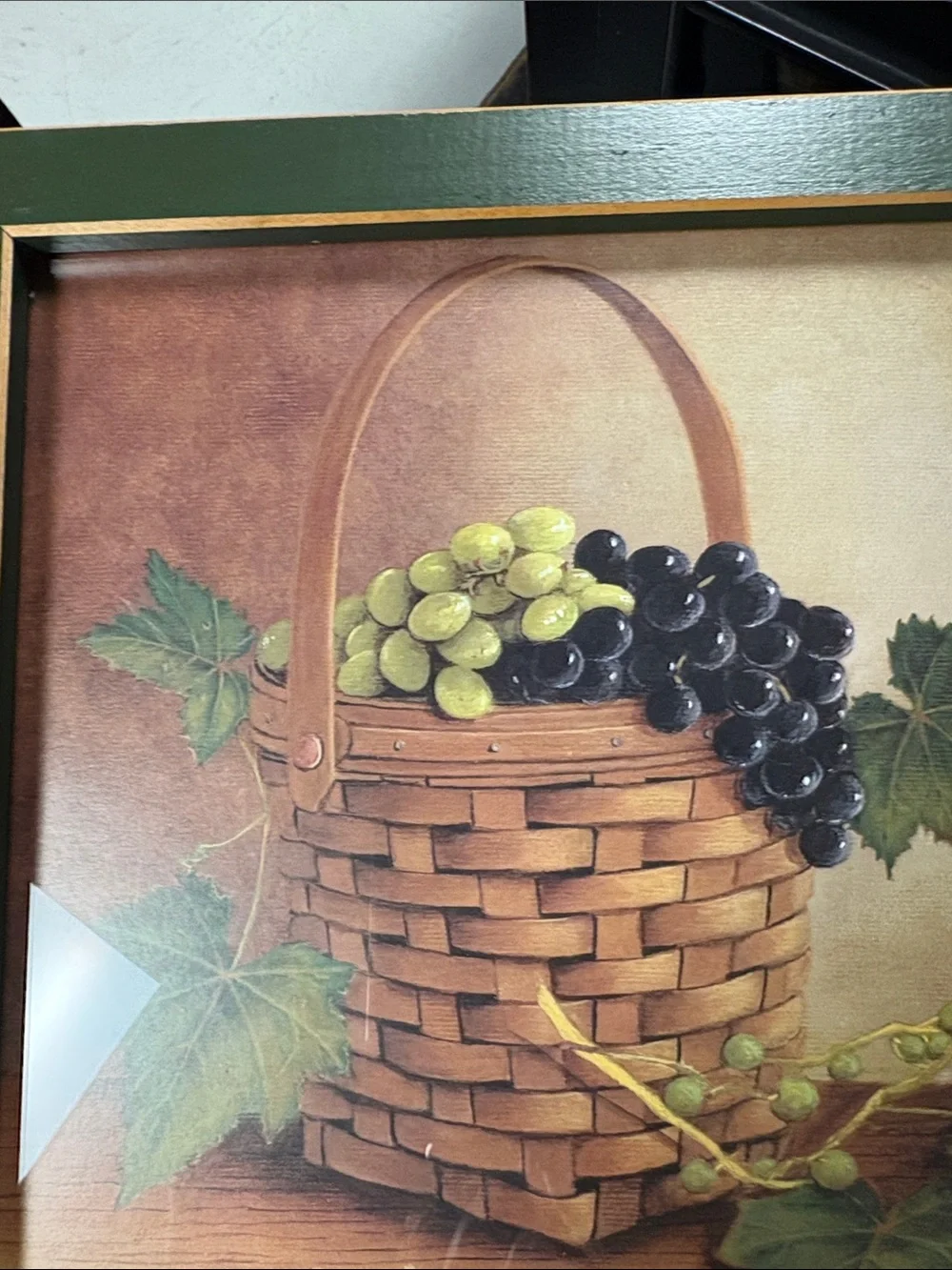 Framed Green-Bordered Basket of Grapes Wall Art signed